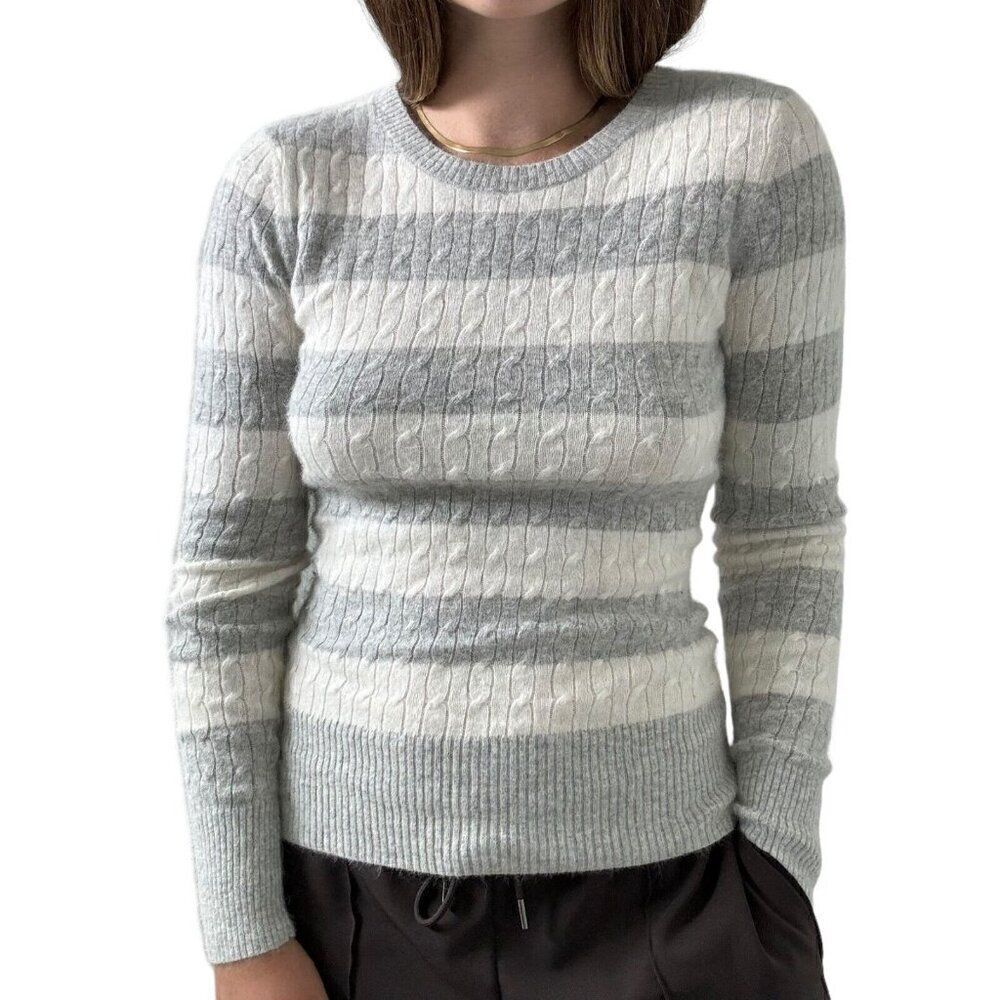 Womens Angora Wool Blend Gray White Striped Fuzzy Soft Preppy Sweater Sz M